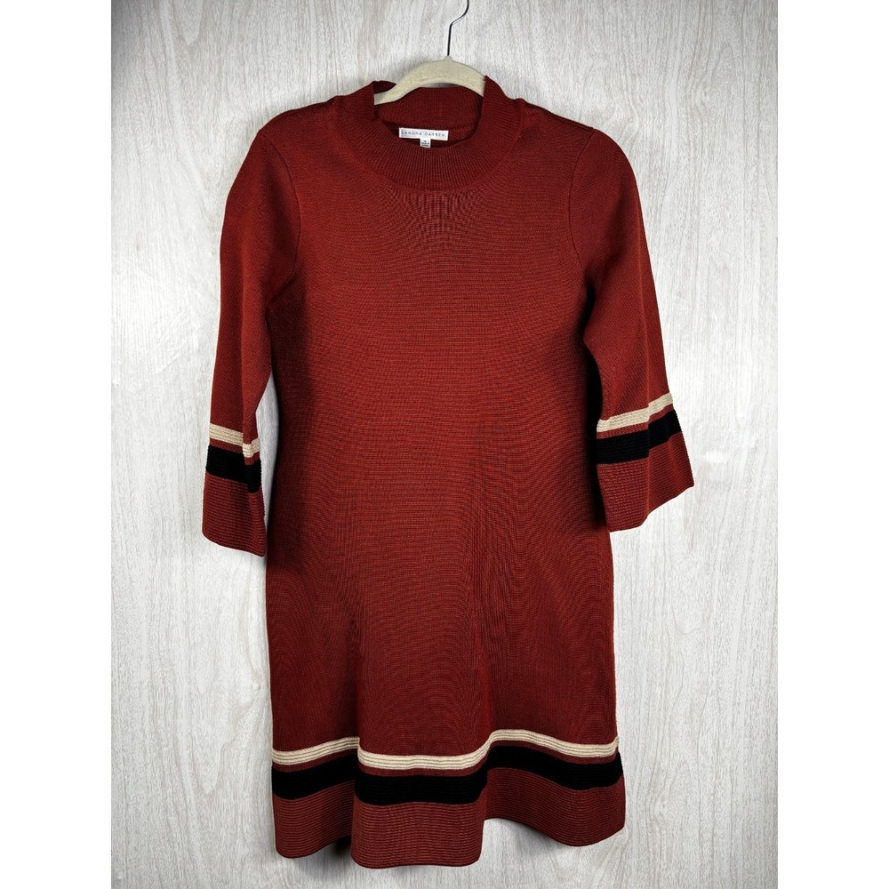 Sandra Darren Sweater Dress Womens M Rust Striped Knit Fit Flare Retro Chic - Picture 2 of 8